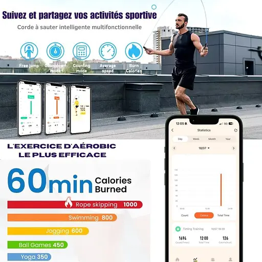 Умная скакалка Prowers, беспроводная со счетчиком калорий, синхронизация программ, 3 режима тренировки, регулируемый ABS - фото 6