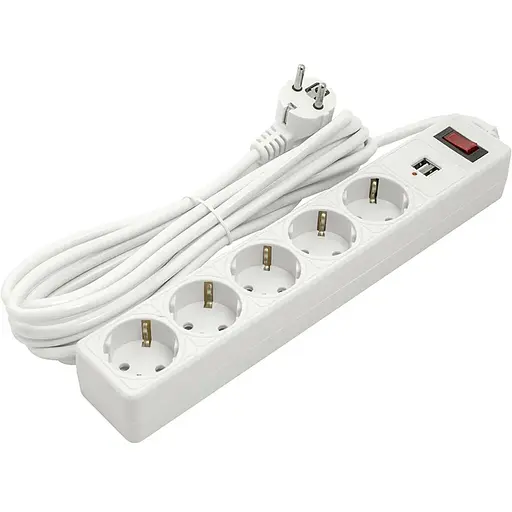 Сетевой фильтр PowerPlant 5 м, 3x1.5мм2, 10А, 5 розеток, 2xUSB 2.1A, евростандарт (JY-1056U/5)