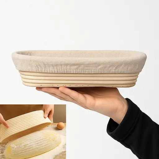 Кошик для вистоювання тіста хліба овальний з натурального ротанга з тканинним чохлом (довжина 30 см), Kitchen Master Бежевий 87928 - фото 1