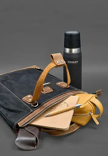 Сумка-рюкзак з канвасу та натуральної світло-коричневої шкіри - фото 8