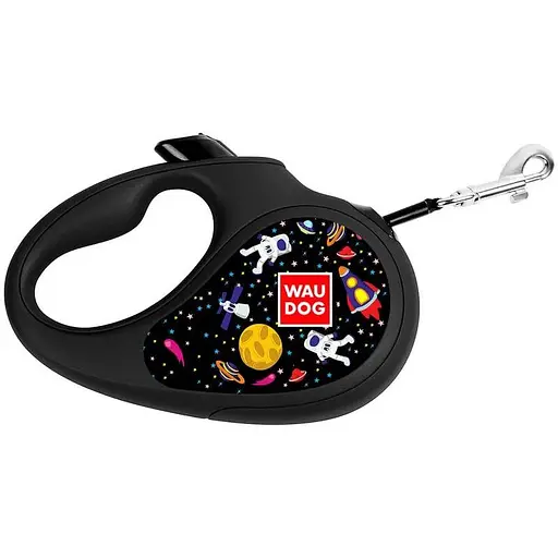 Повідець-рулетка для собак Waudog R-leash, малюнок "NASA", M, до 25 кг, 5 м, світловідбиваюча стрічка чорний