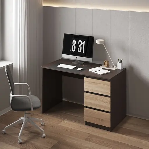 Компьютерный стол Vays, письменный, современный, с тумбой cправа, 3 ящика з фасадами без ручек R-1 Венге Темный-Дуб Сонома фасад