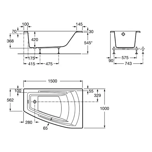Ванна акриловая с ножками и подголовником Roca Hall 150x100 левая A248165000 - фото 2