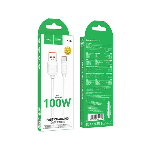 Кабель Hoco X115 Surpass 100W fast charging data cable Type-C Белый - фото 2