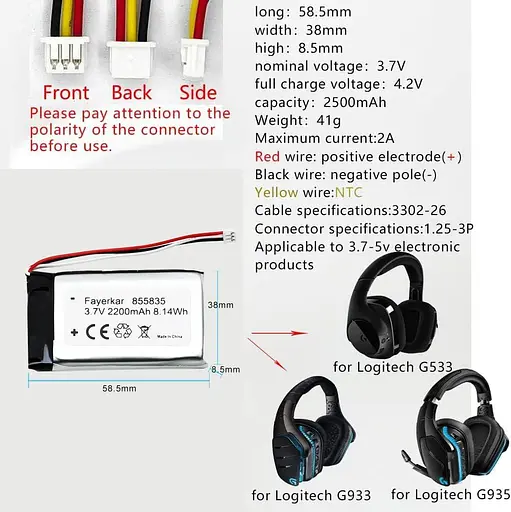 Faryerkar 3,7 В 2200 мАч Літій-іонний акумулятор для Logitech G933, G533, G935, G933S, G533S Бездротова заміна батареї - фото 5