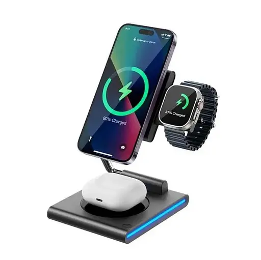Беспроводная зарядная подставка для телефона часов наушников WiWU WI-W023 3 in 1 wireless charger - фото 4