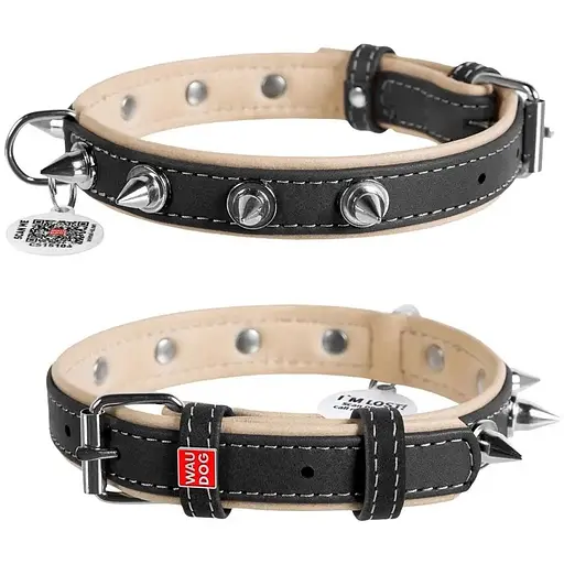 Ошейник для собак Waudog Soft с QR паспортом кожаный с шипами Ш 35 мм, Д 46-60 см черный - фото 1
