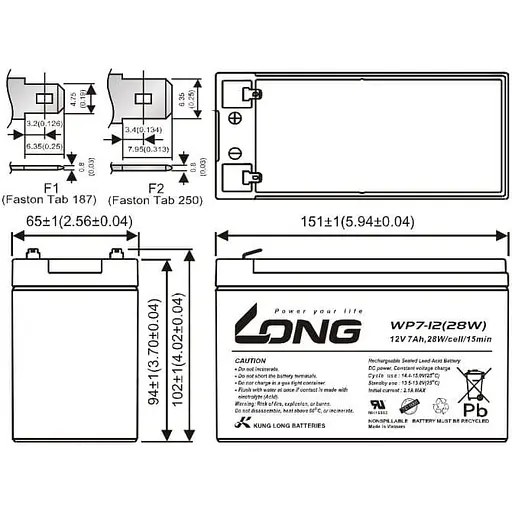 Акумуляторна батарея для ДБЖ Long AGM VRLA 12 V / 7 А*ч (WP7-12(28W)) - фото 2