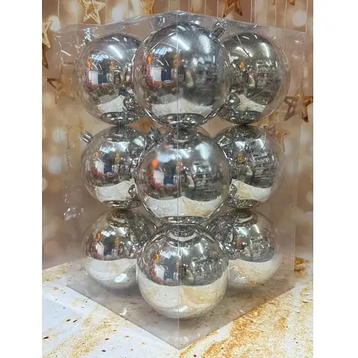 Набір ялинкових іграшок пластикових круглих 12 шт 10 см Сріблястий - фото 1