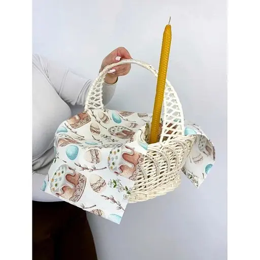 Комплект Великодній кошик Галичина (білий) з тефлоновим рушником 70х40 см Паска (рожевий) і свічкою