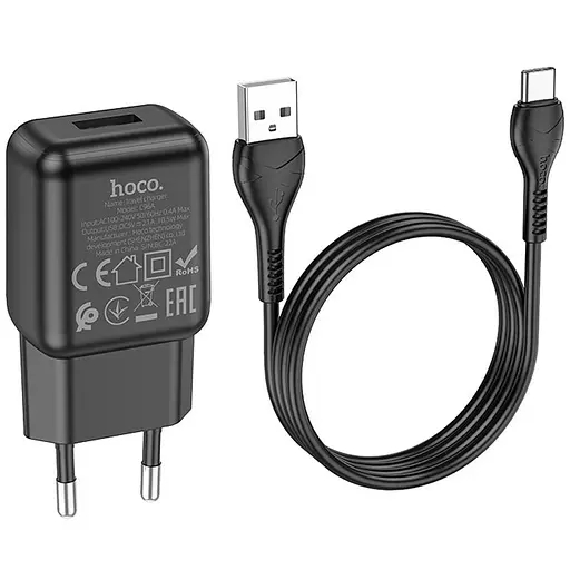 МЗП Hoco C96A (1USB/2.1A) + кабель USB to Type-C Black - фото 4