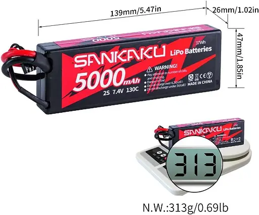Акумулятор SANKAKU 130C 5000 мАг Lipo 2S 7,4 В, жорсткий, з роз'ємом Deans T для радіокерованих баггі, автомобілів, вантажівок - фото 2