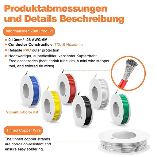 Електричний дрот ПВХ 0,13 мм² SCHDRA 26AWG 6 кольорів по 6 метрів, луджена мідь, плетений - фото 2