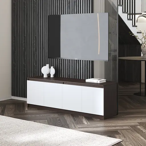 Тумба під телевізор Vays у вітальню, сучасна з полицями, без ручок R-31 Венге Темний-Білий фасад