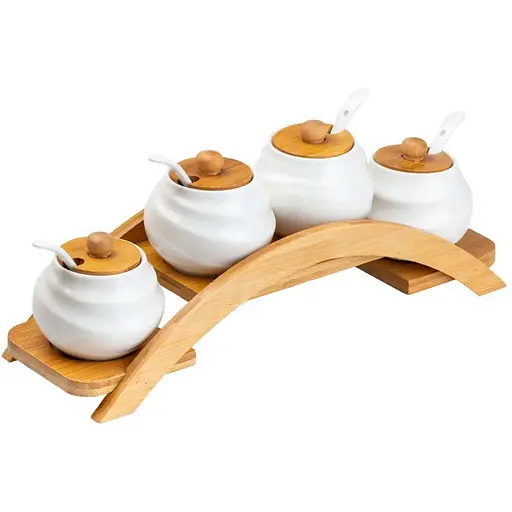 Набір баночок для спецій Yiwu HP-1200 на бамбуковій підставці 4 шт. білий - фото 1