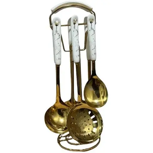 Набір кухонного приладдя на підставці з нержавіючої сталі 6 предметів Золото з білим - фото 1