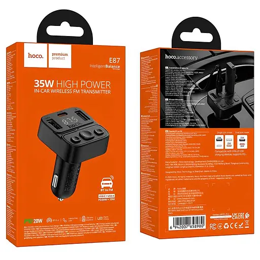 АЗУ FM модулятор Hoco E87 Delta 35W (1USB-A/1C) Black - фото 4