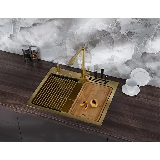 Кухонна мийка Nett NG-5747 золота з нержавійки 1.5 мм багатофункціональна - фото 7