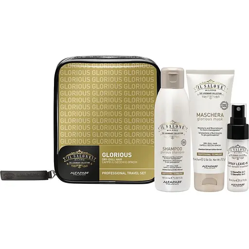 Набор для путешествий Il Salone Glorious: Шампунь 100 мл + Маска для волос 75 ​​мл + Спрей для волос 18 мл + Косметичка