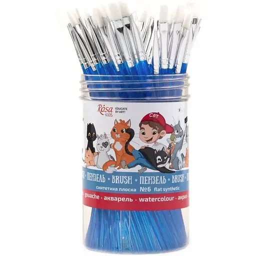 Синтетика плоска №6 тубус 60 шт синя ручка пензель Rosa Kids