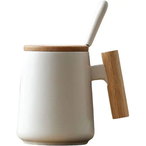 Кухоль керамічний OldBro з дерев'яною ручкою кришкою та ложкою 480 мл white - фото 1
