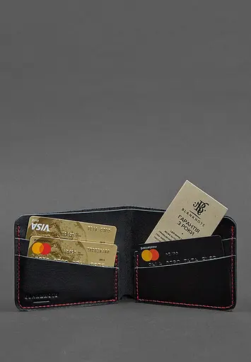 Кожаное портмоне 4.1 (4 кармана) черное с красной нитью - фото 3