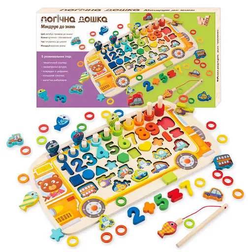 Дошка логічна WToys Автобус, дерев’яна, сортер, риболовля, цифри, фігури, кільця