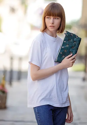 Шкіряна плетена жіноча сумка Пазл S зелена Krast - фото 2