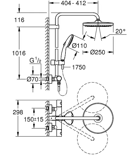 Душова система з термостатом для настінного монтажу Grohe Tempesta System 250 26670001, Хром - фото 7