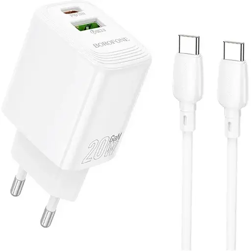 Мережевий зарядний пристрій з кабелем Borofone BN27 Fuente PD20W+QC3. 0 charger set (C to C) (EU) білий - фото 1
