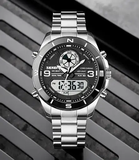 Часы мужские на стальном браслете Skmei 1839 (Серебристые с черным циферблатом) - фото 5
