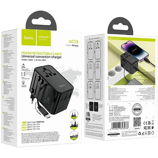 Мережевий фільтр HOCO AC18A на 1 розетку + 2 USB + USB-C, 35W, кабель 1.5 м, 220В, Black, Box - фото 4