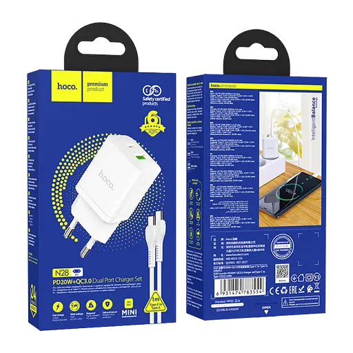 Зарядный набор - блок и кабель Hoco N28 Founder 20W (кабель Type-C-Type-C) белый - фото 2
