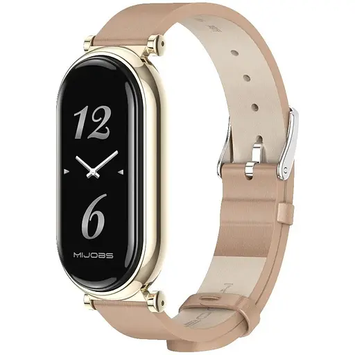 Кожаный ремешок MiJobs для фитнес-браслета Xiaomi Mi Band 8 и 9 Type B бежевый, держатель - золотистый
