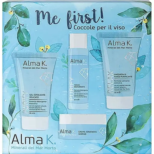 Набір догляду за обличчям Alma K First Face Care Kit: Делікатний очищающий гель для обличчя 30 мл + Балансуючий тонік для обличчя 15 мл + Зволожуючий денний крем для обличчя 15 мл + Очищаюча маска особи 30 мл (125102)