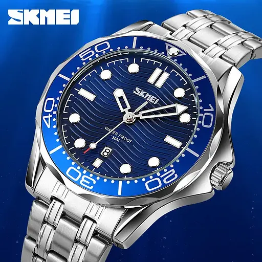 Чоловічий класичний годинник Skmei 9276 (Сріблястий з синім циферблатом) - фото 3