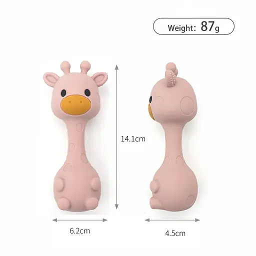 Набор детской силиконовой посуды Cheeks для прикорма на присосках из пищевого силикона нежно розовый с грызунком прорезывателем-погремушкой  Жираф - фото 6