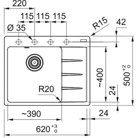 Кухонна мийка Franke Centro, фраграніт, прямокутник, з крилом, 620х500х200мм, чаша - 1, врізна, CNG 611-62 TL, сірий сланець - фото 3