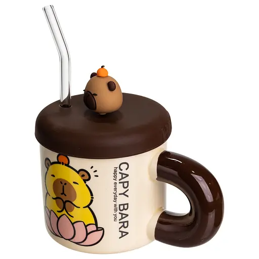 Чашка фарфоровая Капибара на кувшинке 400 мл с крышкой и трубочкой FM-27B - фото 4