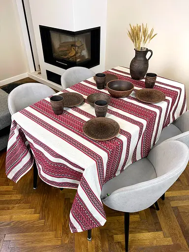 Лляна скатертина великодня з українським орнаментом Рандеву червоний 180х150 см