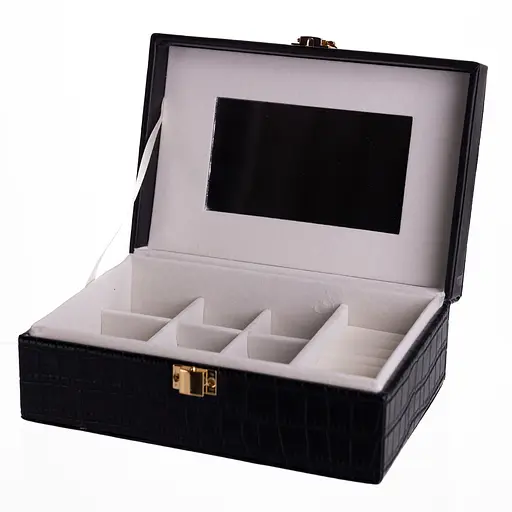 Скринька для прикрас з еко шкіри 10 відділень з дзеркалом 20×14×8 см органайзер для прикрас Чорний Yiwu HP-5-19B - фото 4