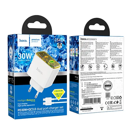 Зарядное устройство Hoco CS42A USB/ Type-C PD 30W QC белый + кабель Type-C to Type-C - фото 6