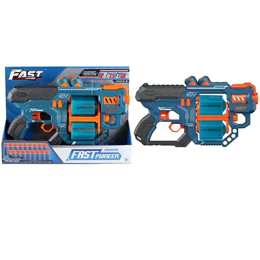 Игрушечный детский пистолет мех. с двойным барабаном и мягким. патронами (18 шт.) (синий)(31,5 х 18,5см) - фото 1