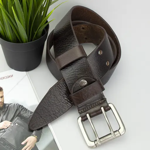 Ремень мужской кожаный JK-4561 широкий коричневый двухшпеньковый (120 см) - фото 5