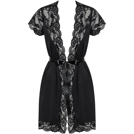 Сатиновый открытый пеньюар на поясе Obsessive 810-PEI-1 peignoir Black S/M, черный