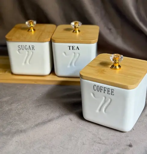 Набор банок 3 шт с крышками и бамбуковым подносом для хранения сыпучих 300 мл Белый - фото 3