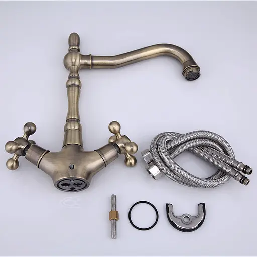 F4019-4 Змішувач для кухні двохвентильний Г-подібний ретро гусак латунний корпус шпилька бронза Frap 1/8 Бронза - фото 4