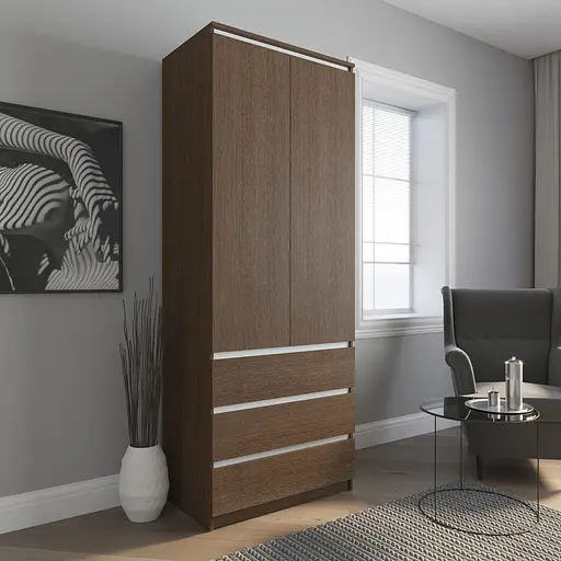 Шафа для одягу Vays R-9 Венге Темний-Білі планки, 3 шухляди, штанга, без ручок, ЛДСП, 80×50×211 см – для спальні, вітальні, передпокою