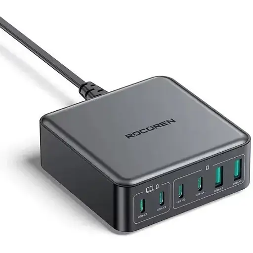 Зарядний пристрій адаптер живлення Rocoren 200 W GaN 0242 2U+4C чорна вилка США (US plug) - фото 1