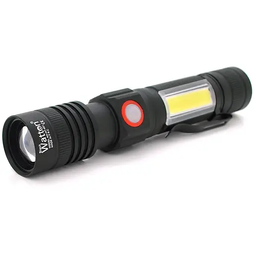 Фонарь ручной Watton WT-601, P50 + 16 SMD COB, 2+2 режима, ZOOM, 18650/2400mah, Black, IP40, USB Type-C, МАГНИТ, 138х28х26мм, BOX